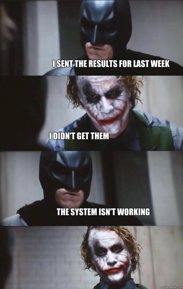 i sent the results for last week i didn't get them the system isn't working  Batman Panel