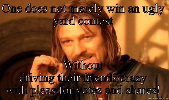 ONE DOES NOT MERELY WIN AN UGLY YARD CONTEST WITHOUT DRIVING THEIR FRIENDS CRAZY WITH PLEAS FOR VOTES AND SHARES! Boromir