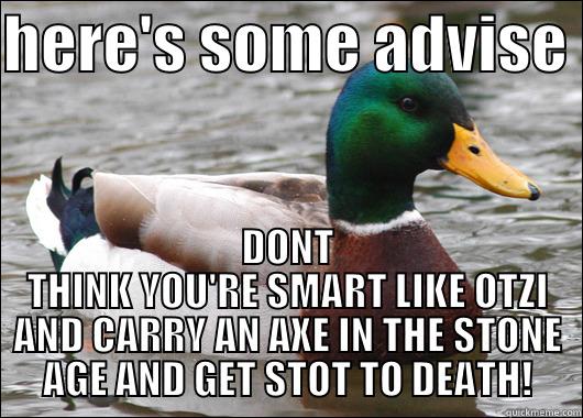 advise IS good these days - HERE'S SOME ADVISE  DONT THINK YOU'RE SMART LIKE OTZI AND CARRY AN AXE IN THE STONE AGE AND GET STOT TO DEATH! Actual Advice Mallard