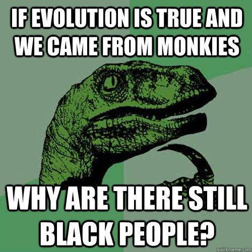 if evolution is true and we came from monkies why are there still black people? - if evolution is true and we came from monkies why are there still black people?  Philosoraptor