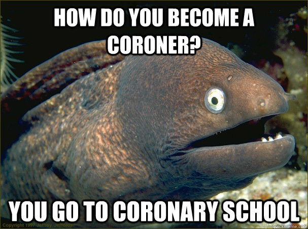 How do you become a coroner? you go to coronary school - How do you become a coroner? you go to coronary school  Bad Joke Eel