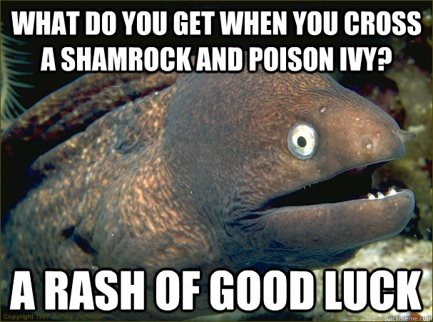 What do you get when you cross a shamrock and poison ivy? A rash of good luck - What do you get when you cross a shamrock and poison ivy? A rash of good luck  Bad Joke Eel