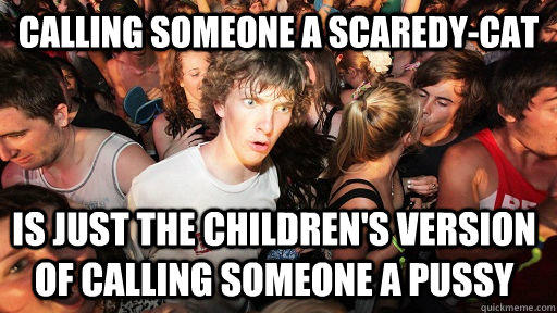 Calling someone a Scaredy-Cat is just the children's version of calling someone a pussy  Sudden Clarity Clarence