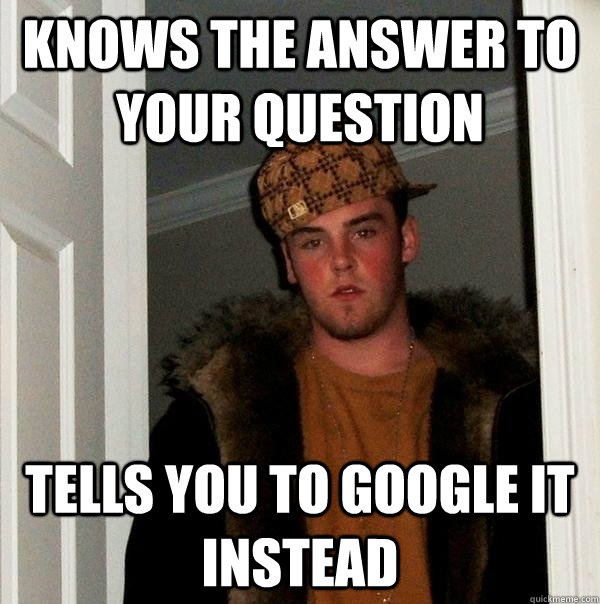 Knows the answer to your question tells you to google it instead - Knows the answer to your question tells you to google it instead  Scumbag Steve