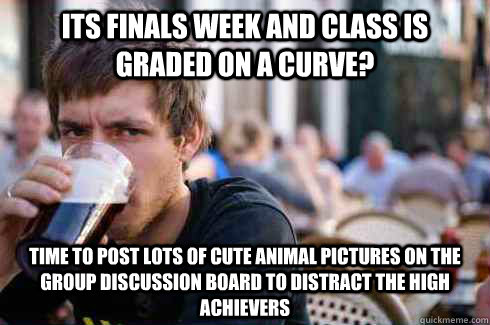 Its finals week and class is graded on a curve? Time to post lots of cute animal pictures on the group discussion board to distract the high achievers  Lazy College Senior