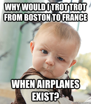 Why would I trot trot from boston to france When airplanes exist?  skeptical baby