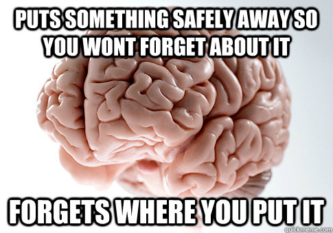 puts something safely away so you wont forget about it Forgets where you put it  Scumbag Brain