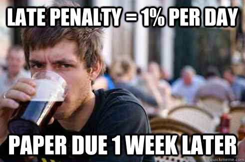 Late Penalty = 1% per day Paper Due 1 week later  Lazy College Senior