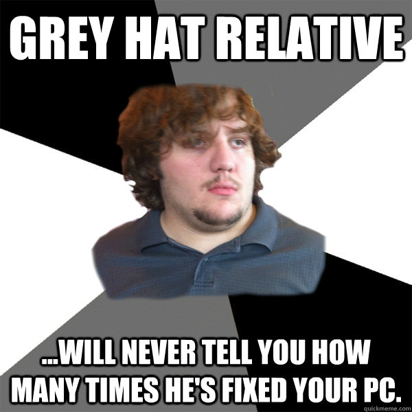 GREY HAT relative ...will never tell you how many times he's fixed your PC.  Family Tech Support Guy