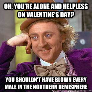 Oh, you're alone and helpless on Valentine's Day? You shouldn't have blown every male in the northern hemisphere  Condescending Wonka