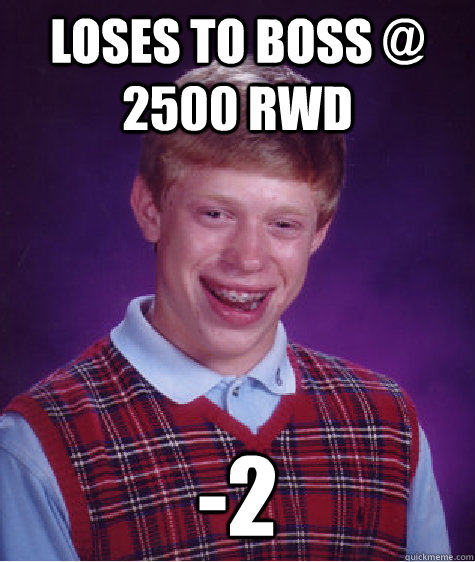 Loses to boss @ 2500 rwd -2  Unlucky Brian