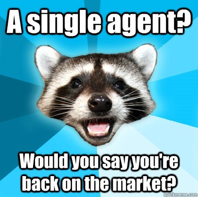 A single agent? Would you say you're back on the market?  Lame Pun Coon