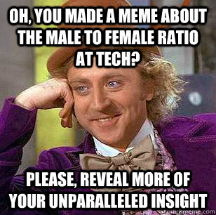 Oh, you made a meme about the male to female ratio at tech? Please, reveal more of your unparalleled insight  Condescending Wonka