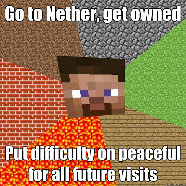 Go to Nether, get owned Put difficulty on peaceful for all future visits  Minecraft