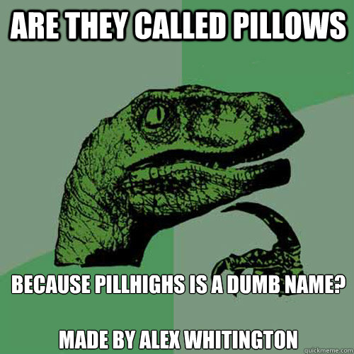 Are they called pillows Because pillhighs is a dumb name?

Made by Alex Whitington - Are they called pillows Because pillhighs is a dumb name?

Made by Alex Whitington  Philosoraptor