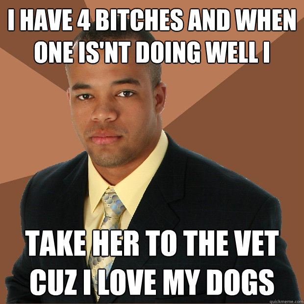 i have 4 bitches and when one is'nt doing well i  take her to the vet cuz i love my dogs  Successful Black Man