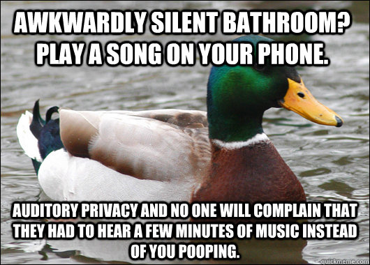 Awkwardly silent bathroom? Play a song on your phone. Auditory privacy and no one will complain that they had to hear a few minutes of music instead of you pooping. - Awkwardly silent bathroom? Play a song on your phone. Auditory privacy and no one will complain that they had to hear a few minutes of music instead of you pooping.  Actual Advice Mallard