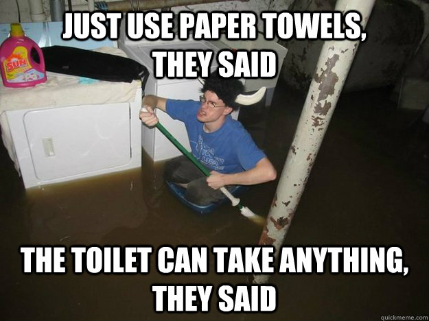 Just use paper towels,           they said The toilet can take anything, they said  Do the laundry they said