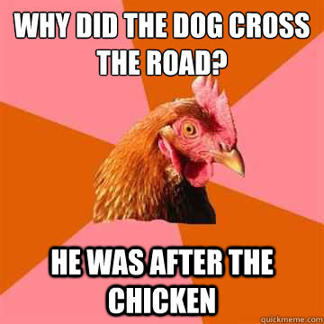 Why did the dog cross the road? He was after the chicken  Anti-Joke Chicken