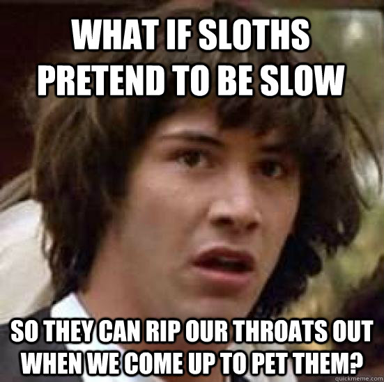 what if sloths pretend to be slow so they can rip our throats out when we come up to pet them? - what if sloths pretend to be slow so they can rip our throats out when we come up to pet them?  conspiracy keanu