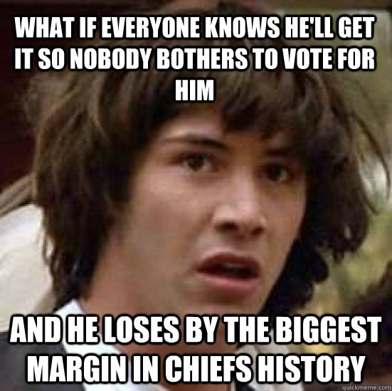 what if everyone knows he'll get it so nobody bothers to vote for him and he loses by the biggest margin in chiefs history  conspiracy keanu