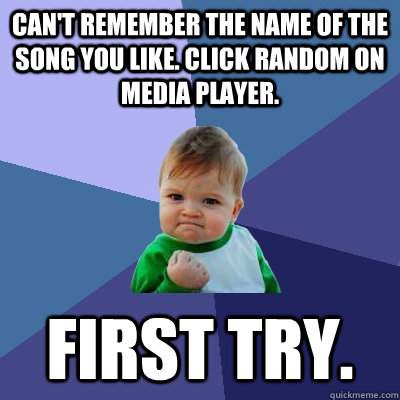 Can't remember the name of the song you like. Click random on media player. First try.  Success Kid