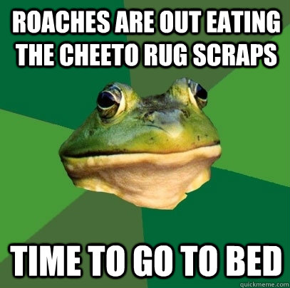 roaches are out eating the cheeto rug scraps time to go to bed  Foul Bachelor Frog