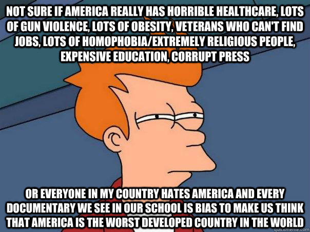 Not sure if America really has HORRIBLE healthcare, lots of gun violence, lots of obesity, veterans who can't find jobs, lots of homophobia/extremely religious people, expensive education, corrupt press Or everyone in my country hates america and every do  Futurama Fry