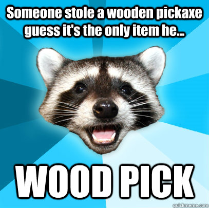 Someone stole a wooden pickaxe guess it's the only item he... WOOD PICK - Someone stole a wooden pickaxe guess it's the only item he... WOOD PICK  Lame Pun Coon