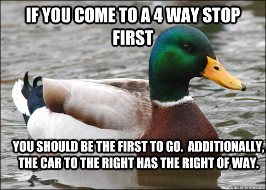 If you come to a 4 way stop first you should be the first to go.  Additionally, the car to the right has the right of way. - If you come to a 4 way stop first you should be the first to go.  Additionally, the car to the right has the right of way.  Actual Advice Mallard