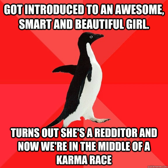 Got introduced to an awesome, smart and beautiful girl. turns out she's a redditor and now we're in the middle of a karma race  Socially Awesome Penguin