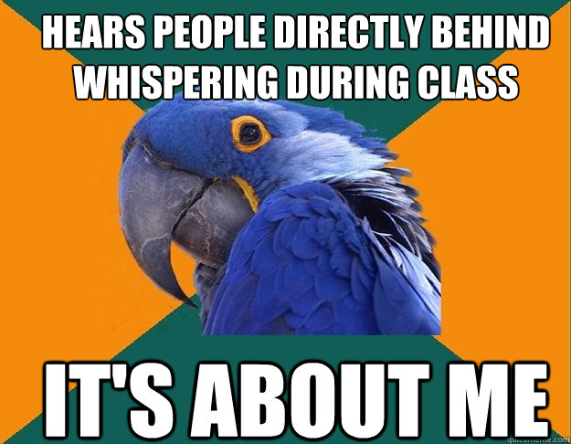 hears people directly behind whispering during class it's about me - hears people directly behind whispering during class it's about me  Paranoid Parrot