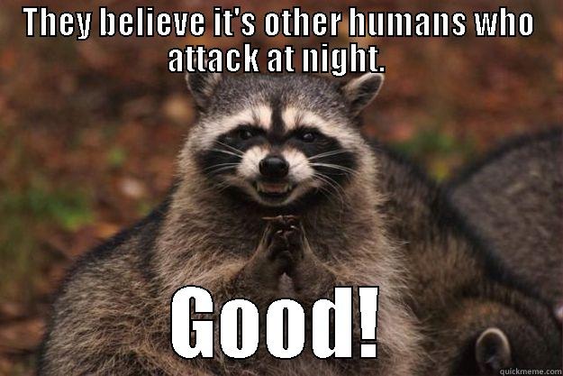 THEY BELIEVE IT'S OTHER HUMANS WHO ATTACK AT NIGHT.  GOOD! Evil Plotting Raccoon