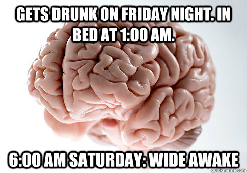 Gets drunk on Friday night. In bed at 1:00 AM. 6:00 AM Saturday: Wide awake  Scumbag Brain