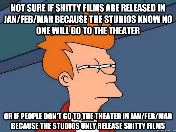 not sure if shitty films are released in jan/feb/mar because the studios know no one will go to the theater or if people don't go to the theater in jan/feb/mar because the studios only release shitty films  Futurama Fry