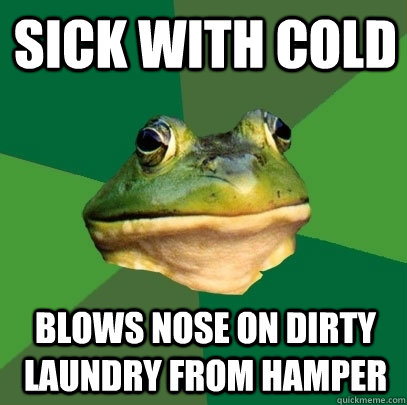 Sick with cold Blows nose on dirty laundry from hamper  Foul Bachelor Frog