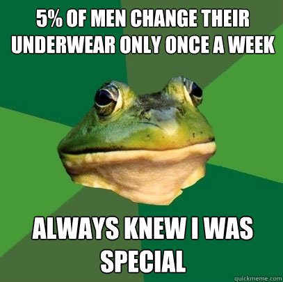 5% of men change their underwear only once a week  Always knew I was special  Foul Bachelor Frog