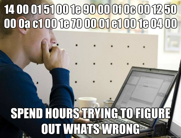 14 00 01 51 00 1e 90 00 0f 0c 00 12 50 00 0a c1 00 1e 70 00 01 e1 00 1e 04 00 00 00 30 zz? SPEND HOURS TRYING TO FIGURE OUT WHATS WRONG  Programmer