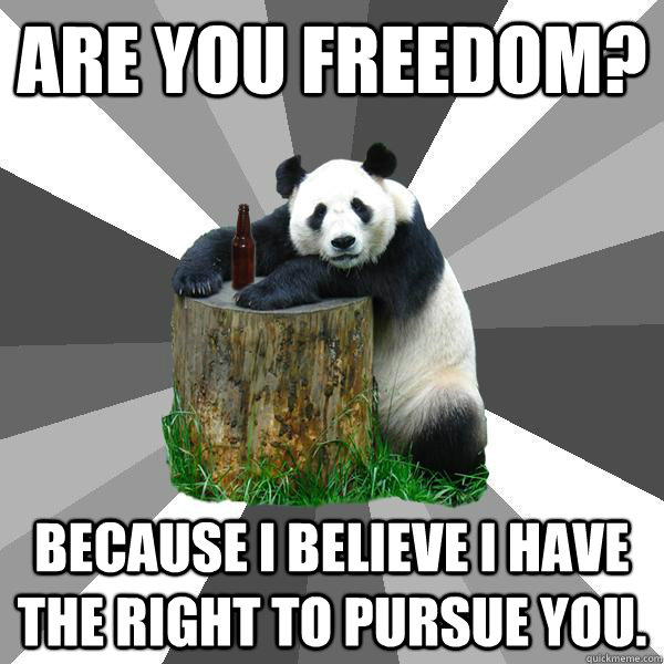 Are you freedom? Because I believe I have the right to pursue you.  Pickup-Line Panda