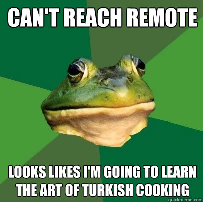 Can't reach remote Looks likes I'm going to learn the art of turkish cooking - Can't reach remote Looks likes I'm going to learn the art of turkish cooking  Foul Bachelor Frog