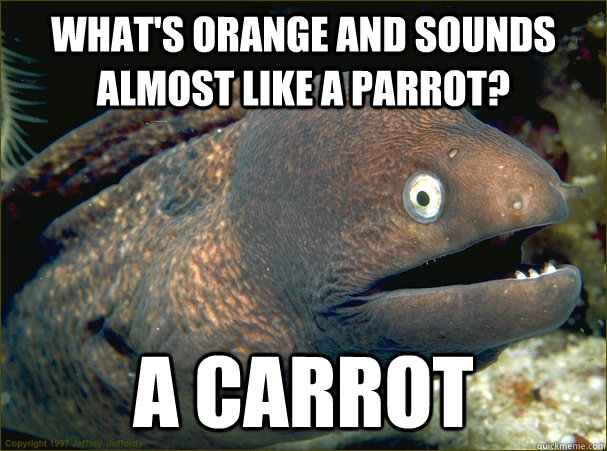 What's orange and sounds almost like a parrot? A carrot - What's orange and sounds almost like a parrot? A carrot  Bad Joke Eel