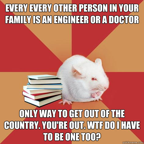 EVERY EVERY OTHER PERSON IN YOUR FAMILY IS AN ENGINEER OR A DOCTOR ONLY WAY TO GET OUT OF THE COUNTRY. YOU'RE OUT. WTF DO I HAVE TO BE ONE TOO? - EVERY EVERY OTHER PERSON IN YOUR FAMILY IS AN ENGINEER OR A DOCTOR ONLY WAY TO GET OUT OF THE COUNTRY. YOU'RE OUT. WTF DO I HAVE TO BE ONE TOO?  Science Major Mouse