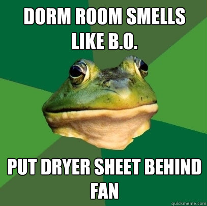 Dorm room smells like b.o. put dryer sheet behind fan  Foul Bachelor Frog