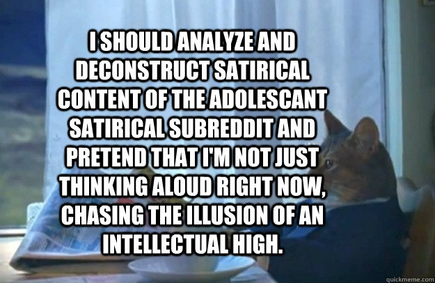 I should analyze and deconstruct satirical content of the adolescant satirical subreddit and pretend that I'm not just thinking aloud right now, chasing the illusion of an intellectual high.  Sophisticated Cat