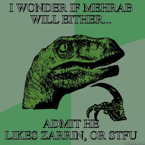 I WONDER IF MEHRAB WILL EITHER... ADMIT HE LIKES ZARRIN, OR STFU Philosoraptor