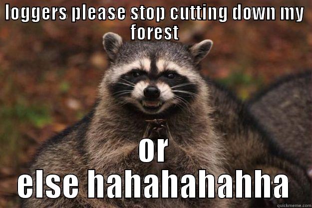 LOGGERS PLEASE STOP CUTTING DOWN MY FOREST OR ELSE HAHAHAHAHHA Evil Plotting Raccoon