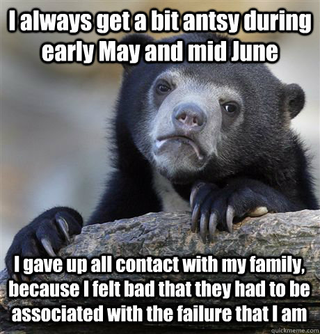 I always get a bit antsy during early May and mid June I gave up all contact with my family, because I felt bad that they had to be associated with the failure that I am - I always get a bit antsy during early May and mid June I gave up all contact with my family, because I felt bad that they had to be associated with the failure that I am  Misc