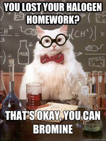 You lost your halogen homework? That's okay, You can Bromine - You lost your halogen homework? That's okay, You can Bromine  Chemistry Cat