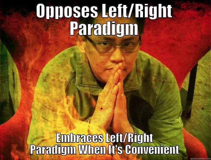 OPPOSES LEFT/RIGHT PARADIGM EMBRACES LEFT/RIGHT        PARADIGM WHEN IT'S CONVENIENT        Misc