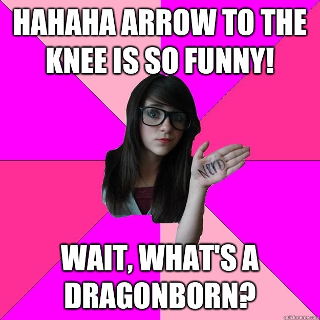 Hahaha arrow to the knee is so funny! Wait, what's a Dragonborn?  Idiot Nerd Girl